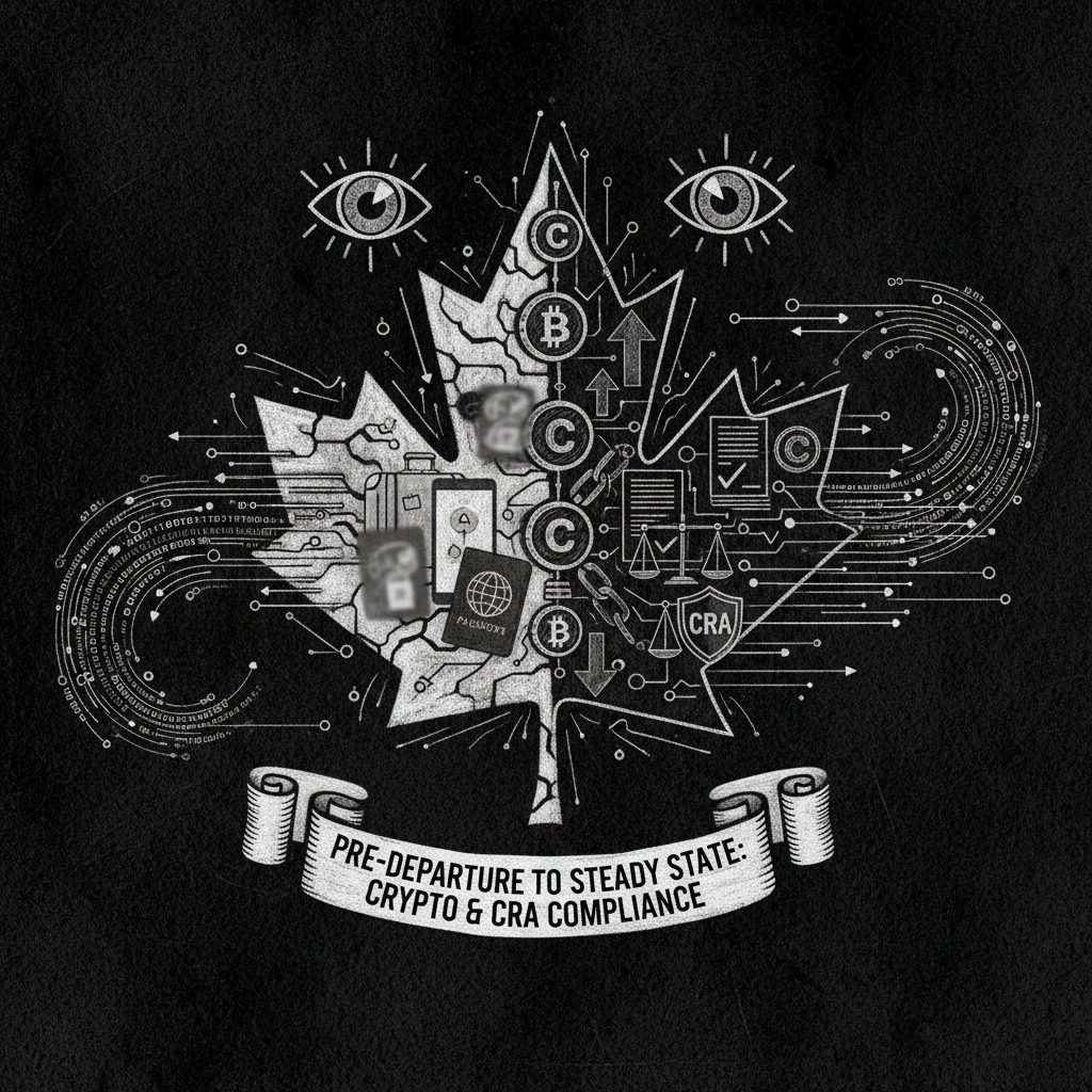 Canadian flag with cryptocurrency coins representing CRA compliance for expats