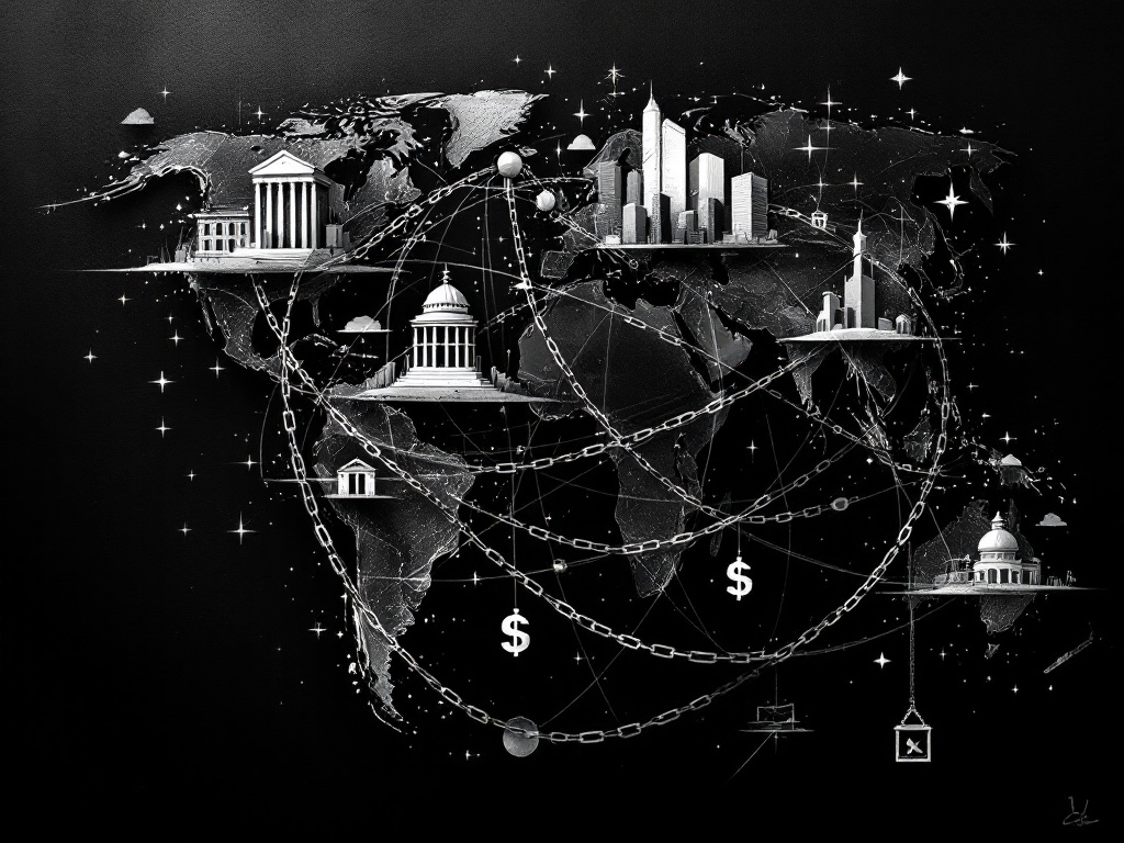 Bank building with global network connections representing offshore banking